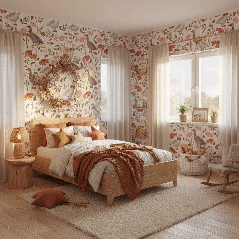 Whimsical Goose Wallpaper Floral | Farmhouse Nursery Decor | Cute Duck Pattern Kids Room | Peel and Stick
