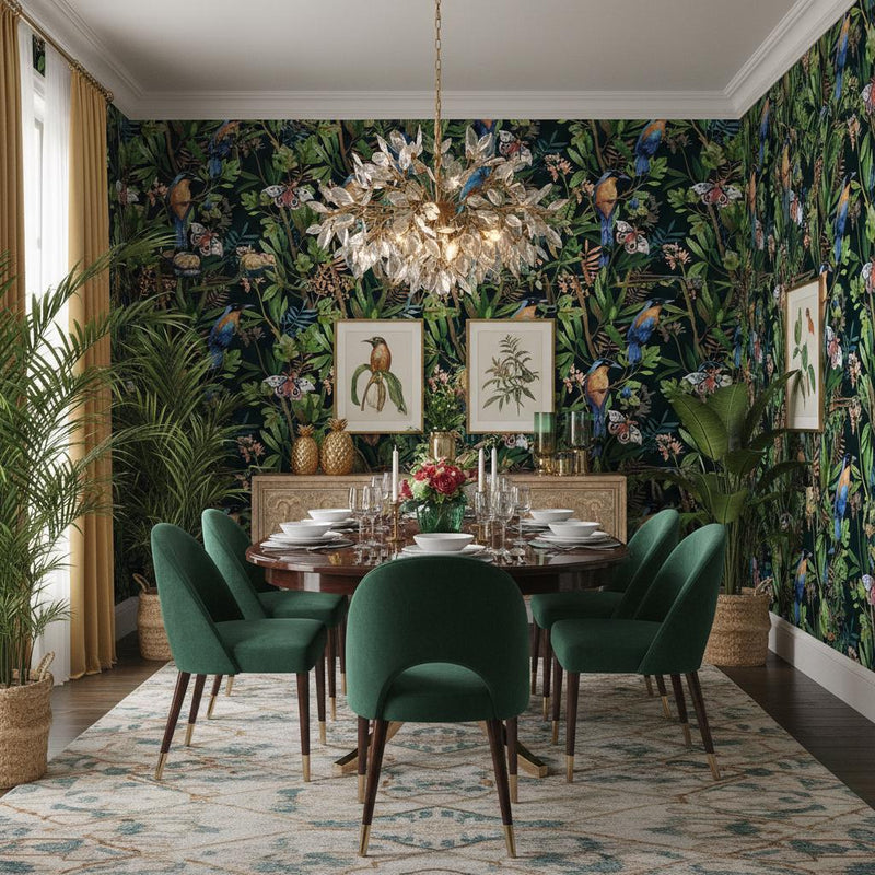 Tropical Bird Wallpaper Dark | Exotic Moth Botanical | Luxury Jungle Mural | Peel and Stick