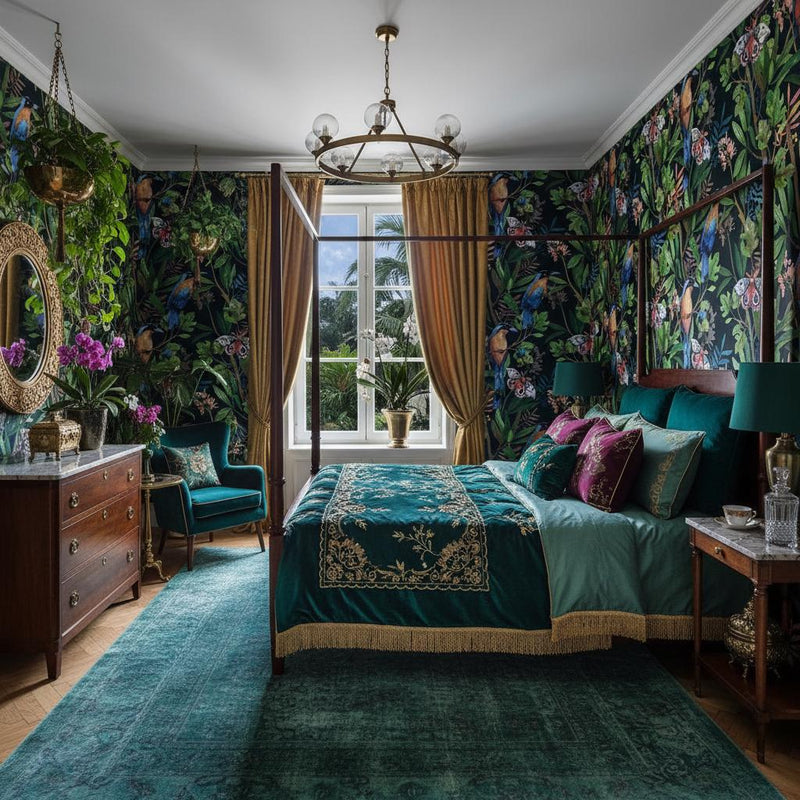 Tropical Bird Wallpaper Dark | Exotic Moth Botanical | Luxury Jungle Mural | Peel and Stick