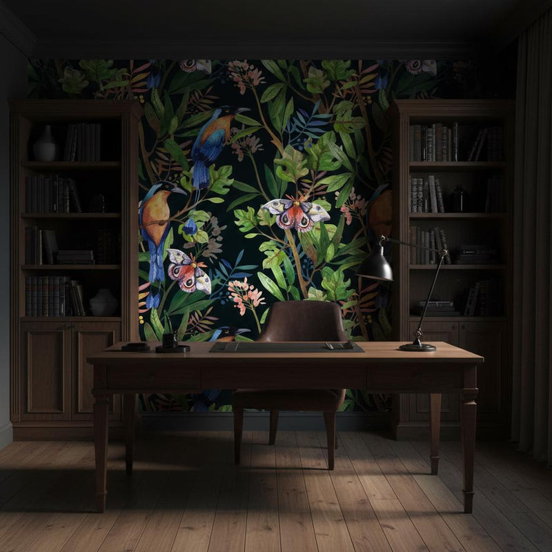 Tropical Bird Wallpaper Dark | Exotic Moth Botanical | Luxury Jungle Mural | Peel and Stick