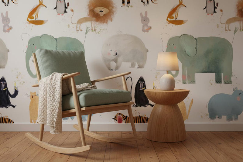 Safari Animal Wallpaper Kids Nursery | Watercolor Elephant Lion Tiger | Modern Children Room Decor | Peel and Stick