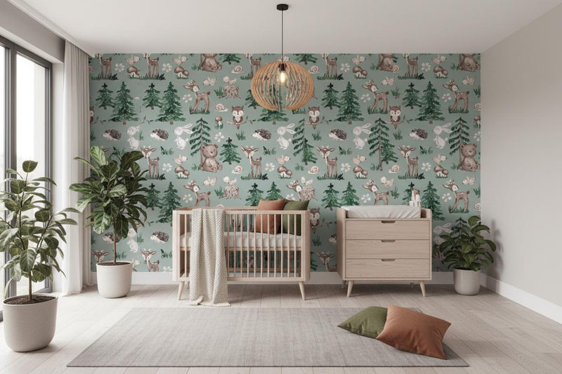 Woodland Animal Wallpaper Nursery | Forest Deer Bear Bunny Owl | Kids Room Sage Green | Peel and Stick
