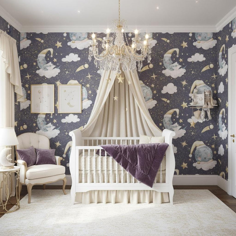 Dreamy Moon Nursery Wallpaper | Sleeping Moon Stars Clouds | Celestial Baby Room Decor | Peel and Stick