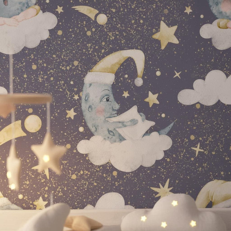 Dreamy Moon Nursery Wallpaper | Sleeping Moon Stars Clouds | Celestial Baby Room Decor | Peel and Stick