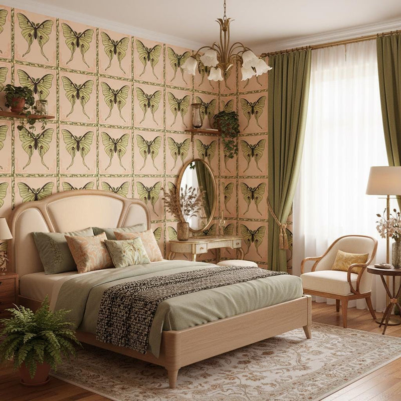 Butterfly Wallpaper Luna Moth | Vintage Natural History | Art Nouveau Botanical | Peach Yellow Green | Peel and Stick
