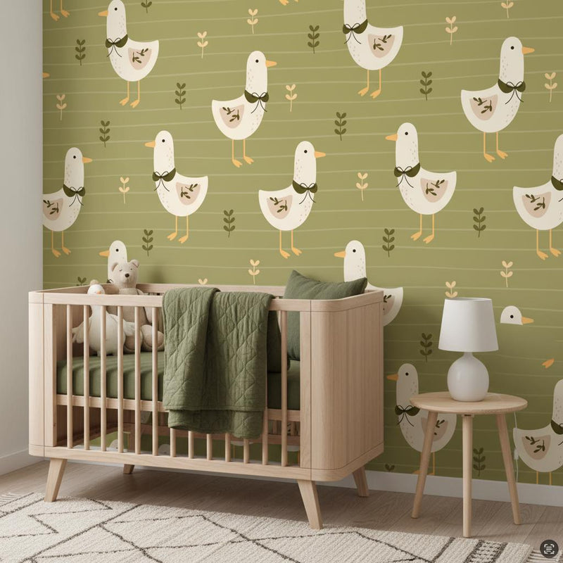 Modern Goose Wallpaper Olive Green | Scandinavian Farmhouse Nursery | Botanical Kids Room Decor | Peel and Stick