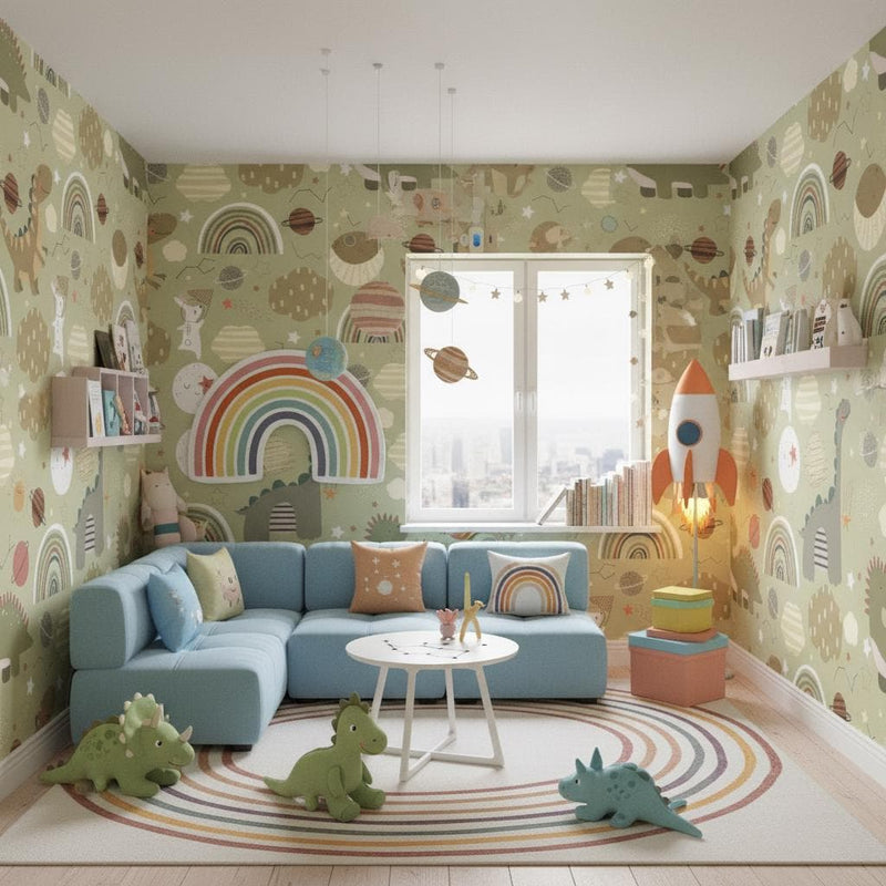 Space Dinosaur Wallpaper Kids Room | Rainbow Planet Nursery Decor | Whimsical Dino Galaxy | Peel and Stick
