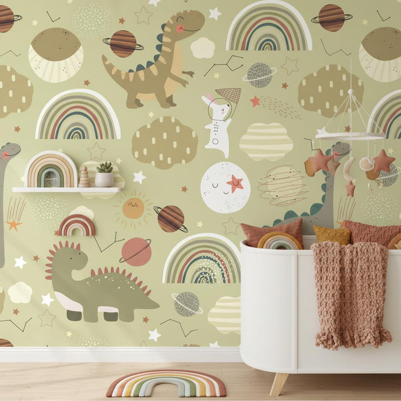 Space Dinosaur Wallpaper Kids Room | Rainbow Planet Nursery Decor | Whimsical Dino Galaxy | Peel and Stick