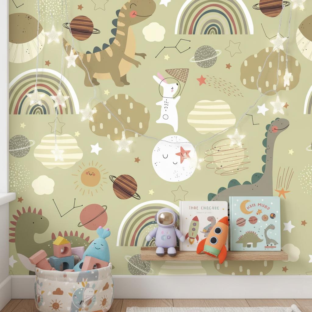 Space Dinosaur Wallpaper Kids Room | Rainbow Planet Nursery Decor | Whimsical Dino Galaxy | Peel and Stick
