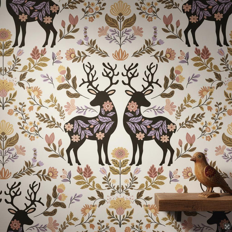 Folk Art Deer Wallpaper Botanical | Scandinavian Floral Nursery | Nordic Animal Pattern | Peel and Stick