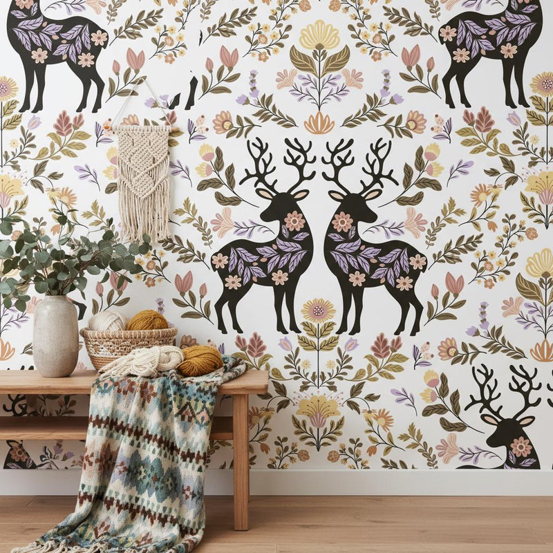 Folk Art Deer Wallpaper Botanical | Scandinavian Floral Nursery | Nordic Animal Pattern | Peel and Stick