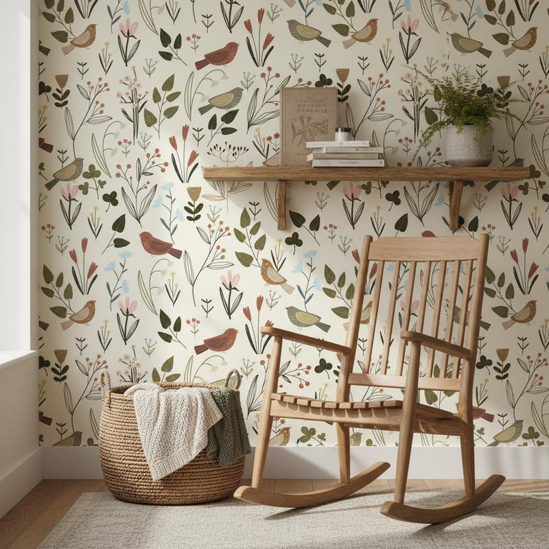 Botanical Bird Wallpaper Cream | Wildflower Nursery Decor | Nature Inspired Kids Room | Peel and Stick