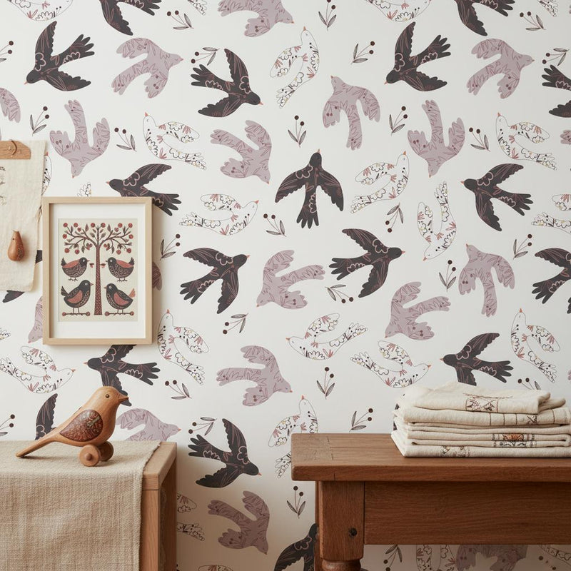 Folk Bird Wallpaper Nursery | Whimsical Floral Birds Cream | Scandinavian Kids Room Decor | Peel and Stic