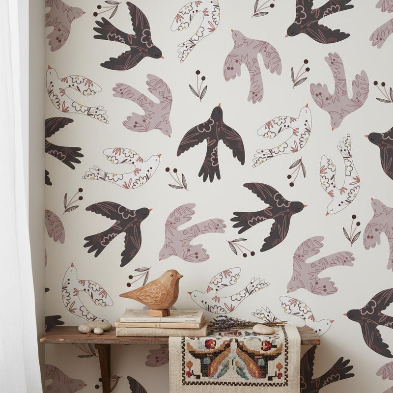 Folk Bird Wallpaper Nursery | Whimsical Floral Birds Cream | Scandinavian Kids Room Decor | Peel and Stic