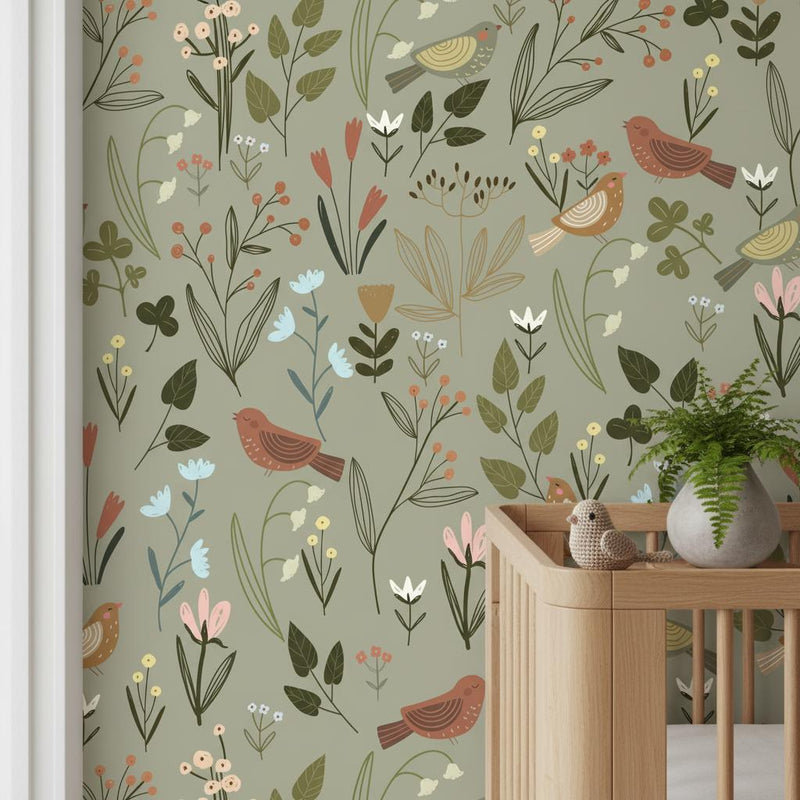 Botanical Bird Wallpaper Sage Green | Wildflower Nursery Decor | Nature Inspired Kids Room | Peel and Stick