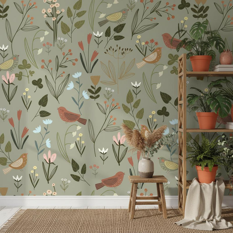 Botanical Bird Wallpaper Sage Green | Wildflower Nursery Decor | Nature Inspired Kids Room | Peel and Stick