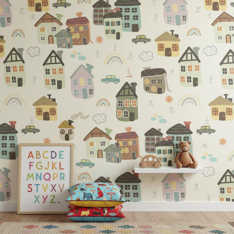 Whimsical Village Wallpaper Kids Room | Colorful Houses Rainbow Nursery | Playful Town Decor | Peel and Stick