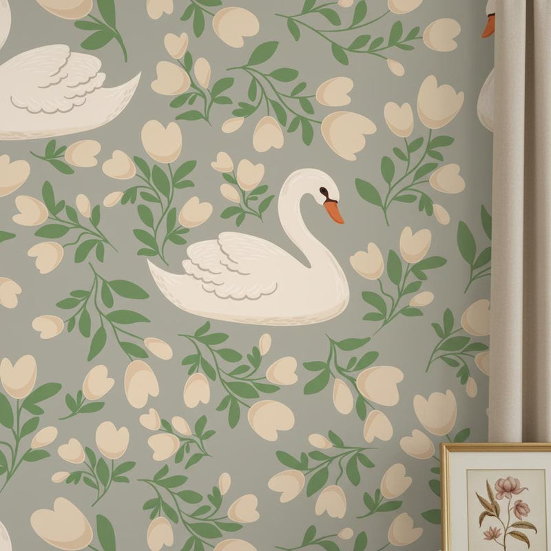 Elegant Swan Wallpaper Gray | Botanical Floral Nursery Decor | Sophisticated Kids Room | Peel and Stick
