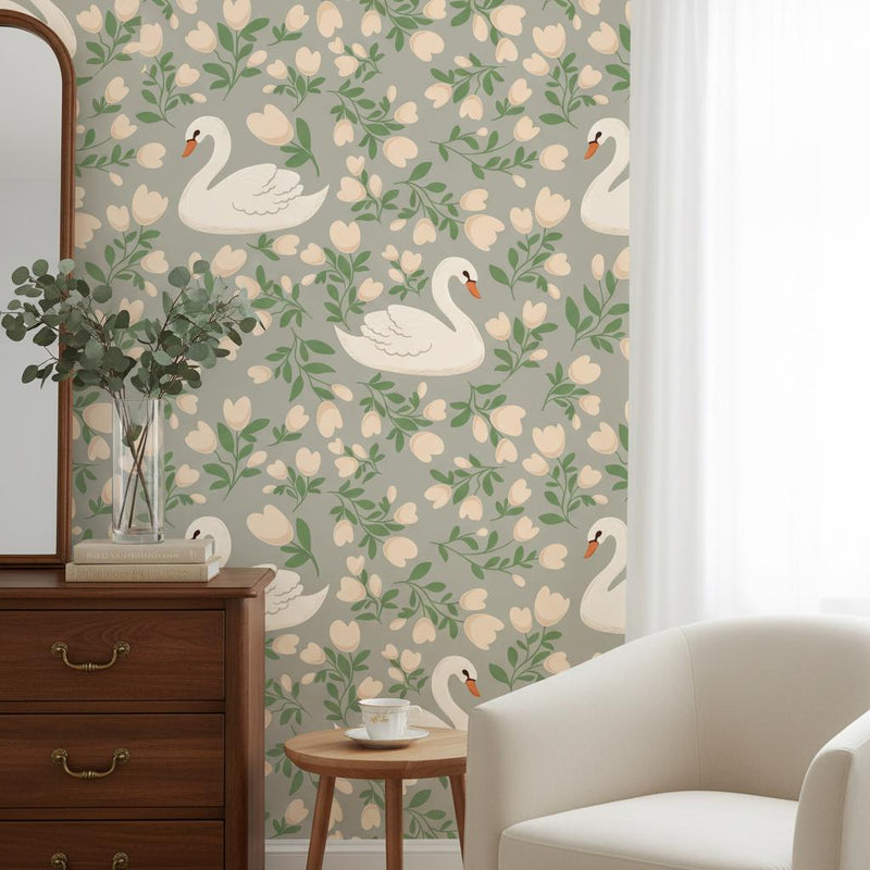 Elegant Swan Wallpaper Gray | Botanical Floral Nursery Decor | Sophisticated Kids Room | Peel and Stick