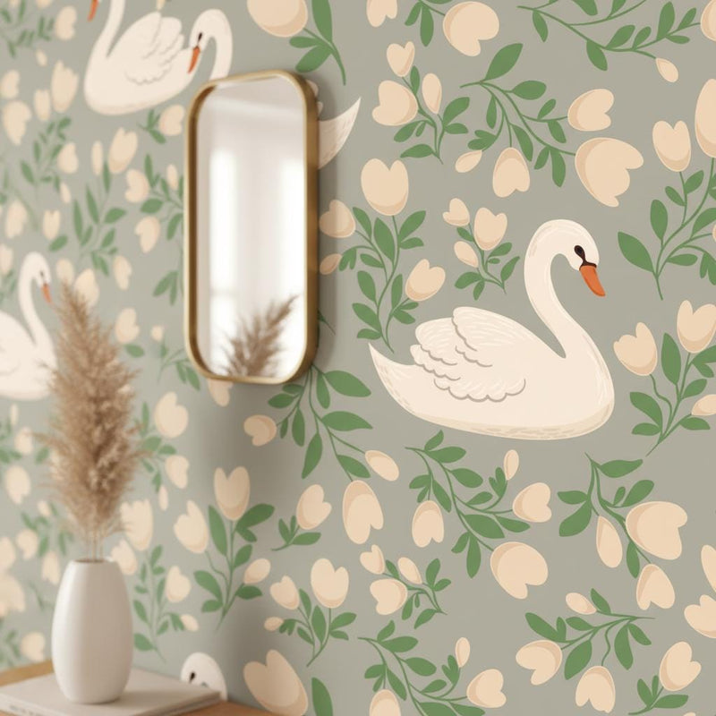Elegant Swan Wallpaper Gray | Botanical Floral Nursery Decor | Sophisticated Kids Room | Peel and Stick