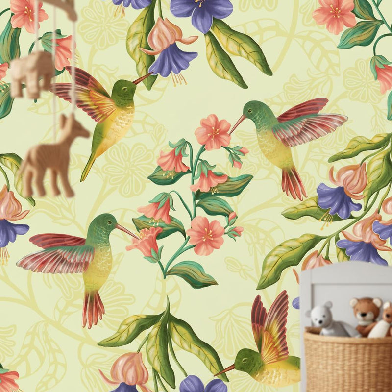 Botanical Bird Wallpaper Green | Wildflower Nursery Decor | Nature Inspired | Peel and Stick