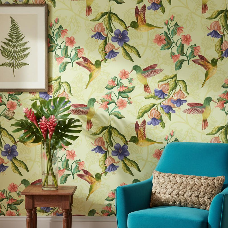 Botanical Bird Wallpaper Green | Wildflower Nursery Decor | Nature Inspired | Peel and Stick