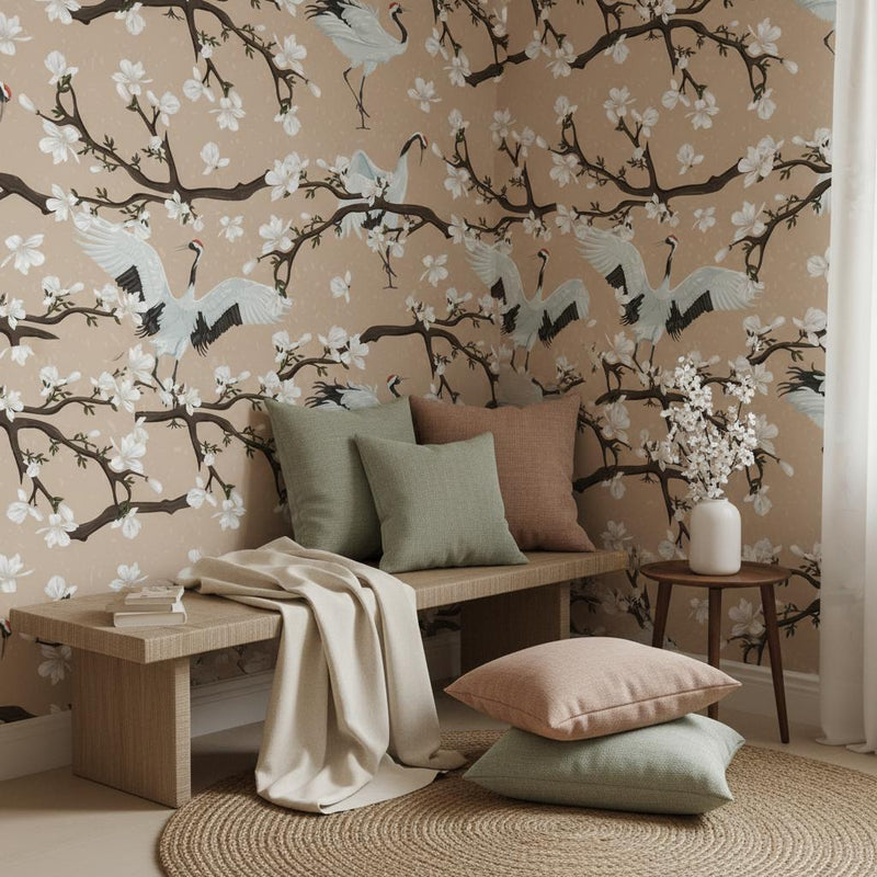 Asian Crane Wallpaper Beige | Japanese Magnolia Decor |  Bird Peel and Stick