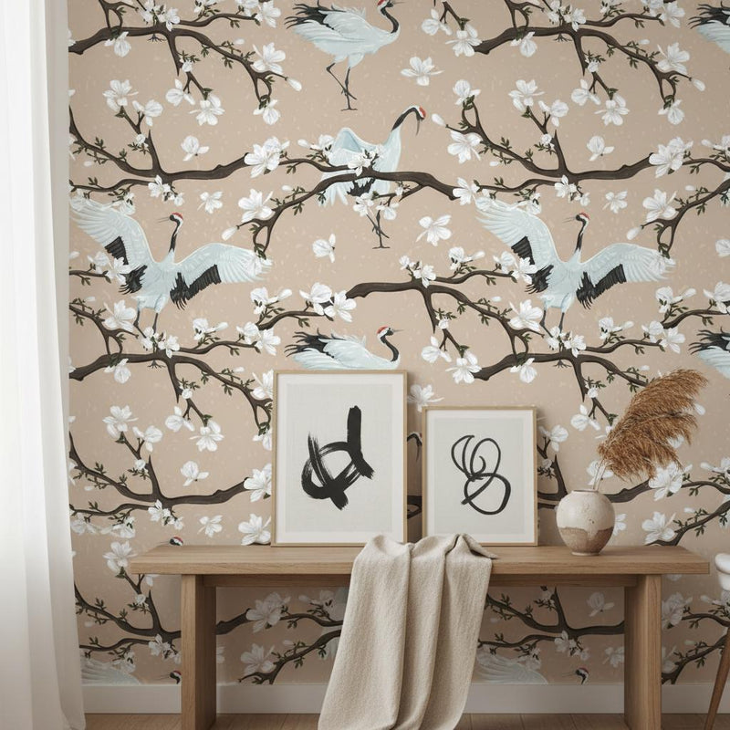Asian Crane Wallpaper Beige | Japanese Magnolia Decor |  Bird Peel and Stick