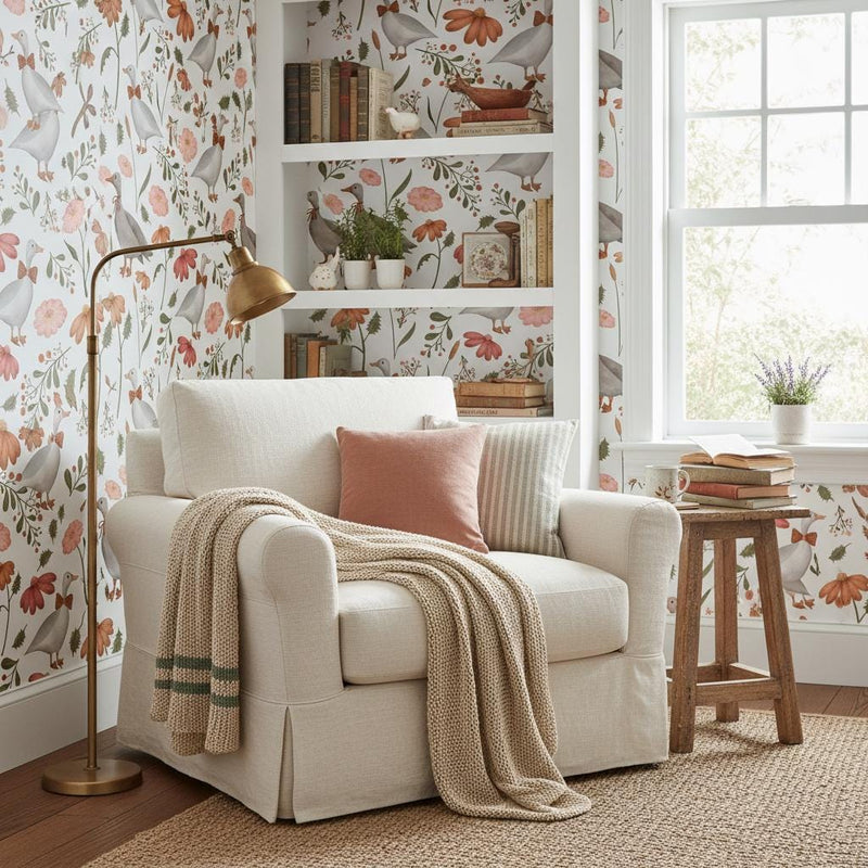 Whimsical Goose Wallpaper Floral | Farmhouse Nursery Decor | Cute Duck Pattern Kids Room | Peel and Stick