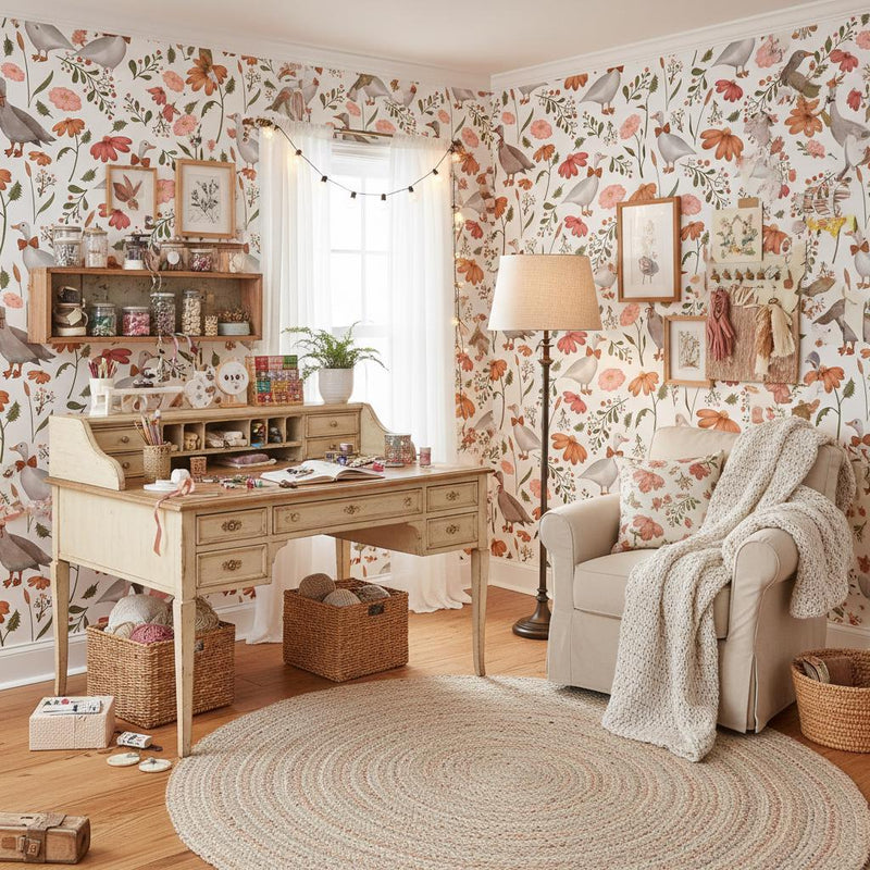 Whimsical Goose Wallpaper Floral | Farmhouse Nursery Decor | Cute Duck Pattern Kids Room | Peel and Stick