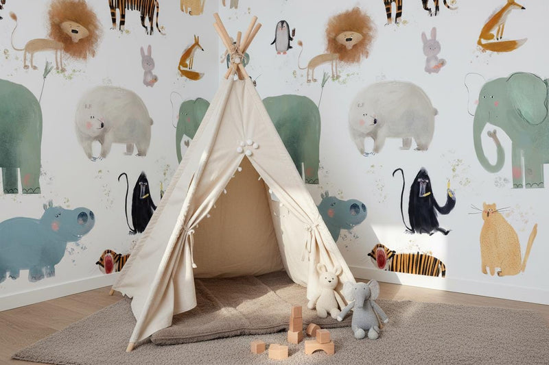 Safari Animal Wallpaper Kids Nursery | Watercolor Elephant Lion Tiger | Modern Children Room Decor | Peel and Stick