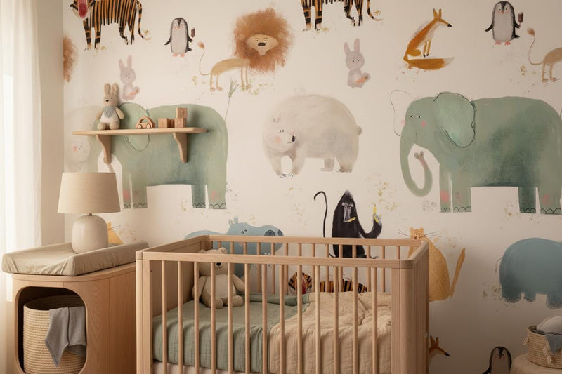 Safari Animal Wallpaper Kids Nursery | Watercolor Elephant Lion Tiger | Modern Children Room Decor | Peel and Stick