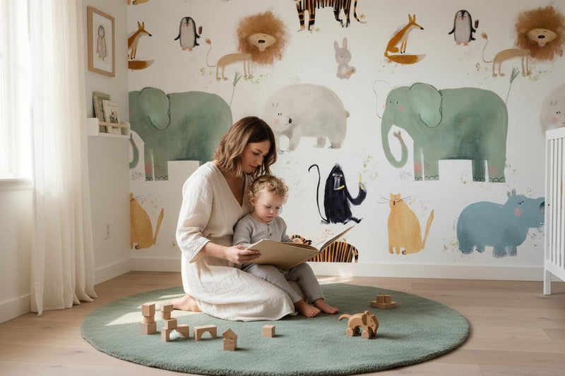 Safari Animal Wallpaper Kids Nursery | Watercolor Elephant Lion Tiger | Modern Children Room Decor | Peel and Stick