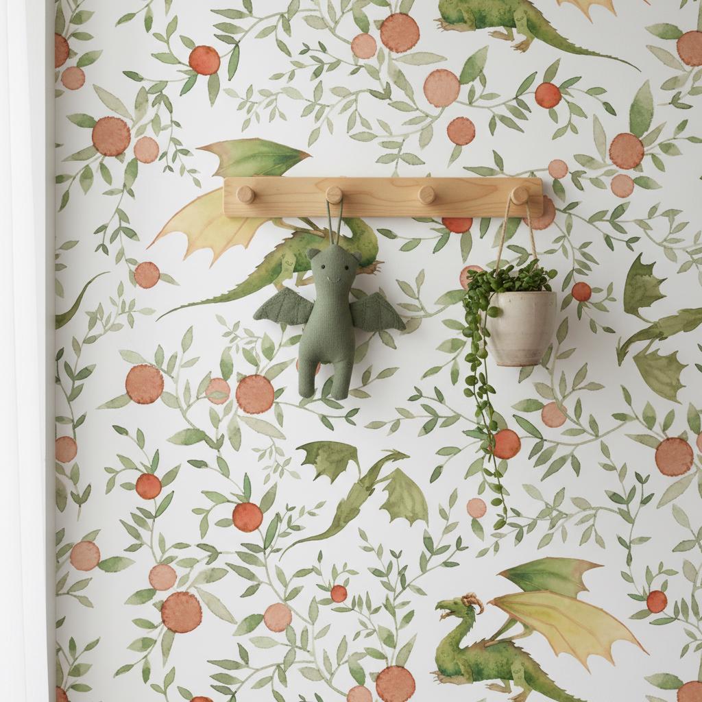 Dragon Wallpaper for Kids Room | Watercolor Nursery Wall Mural | Peel and Stick Removable Wallpaper | Green & Peach Fantasy Decor