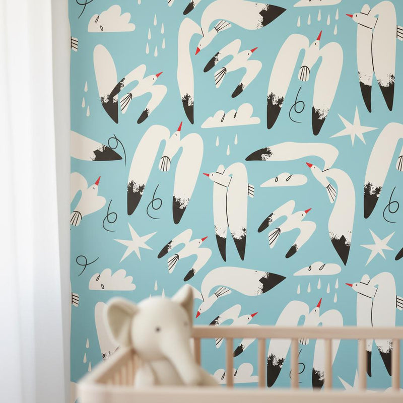 Modern Swan Wallpaper Blue | Whimsical Nursery Decor | Contemporary Kids Room Stars | Peel and Stick