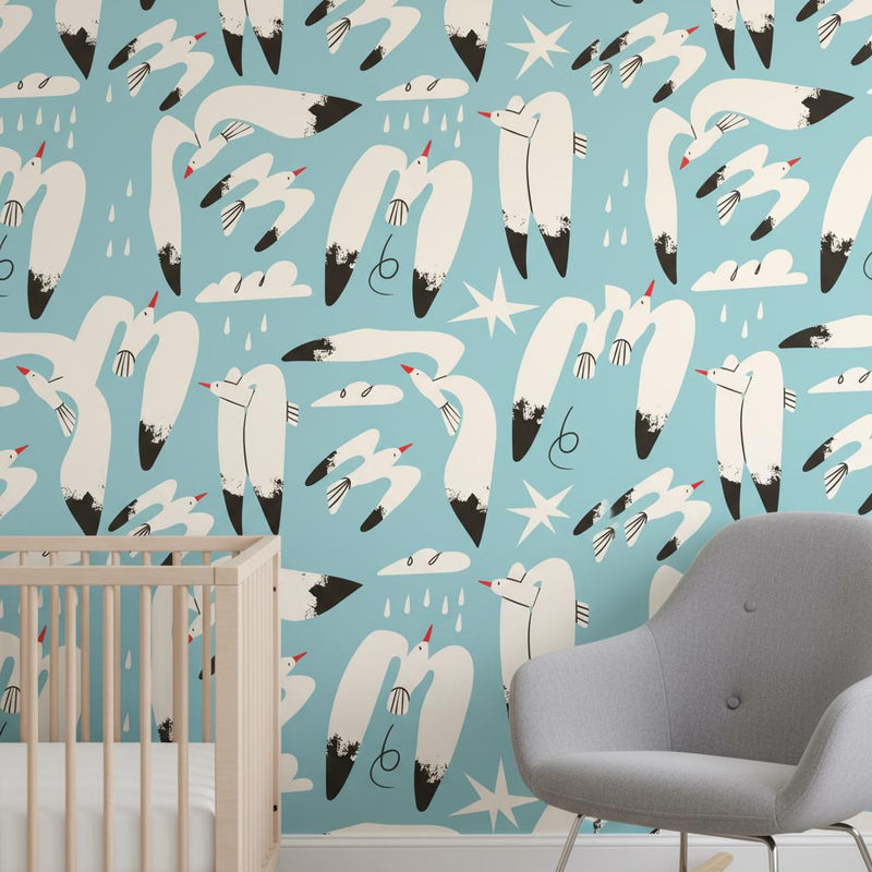 Modern Swan Wallpaper Blue | Whimsical Nursery Decor | Contemporary Kids Room Stars | Peel and Stick