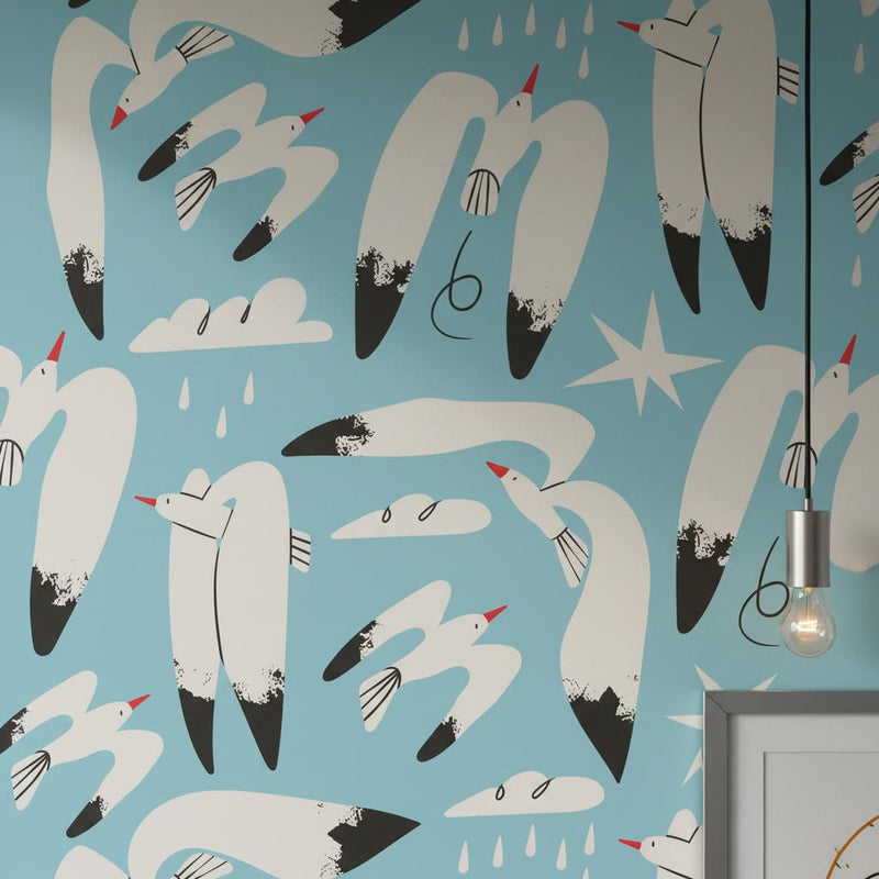 Modern Swan Wallpaper Blue | Whimsical Nursery Decor | Contemporary Kids Room Stars | Peel and Stick