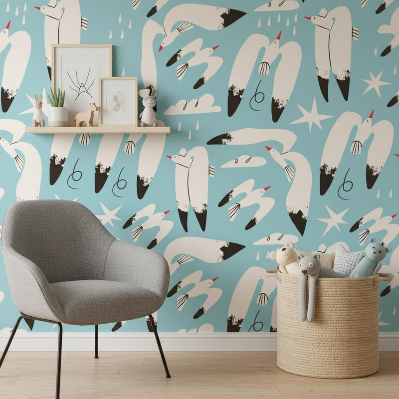 Modern Swan Wallpaper Blue | Whimsical Nursery Decor | Contemporary Kids Room Stars | Peel and Stick