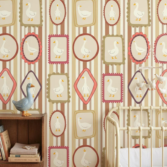 Vintage Goose Wallpaper | Nostalgic Nursery Decor | Cottage Kids Room Stripes | Peel and Stick