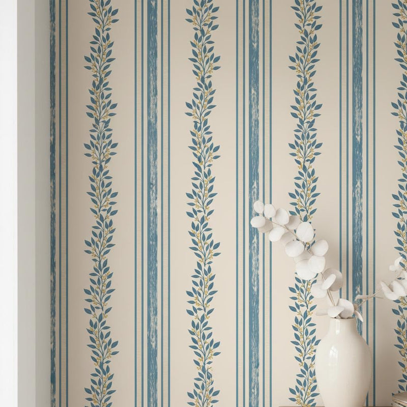 Botanical Stripe Wallpaper Beige | Blue Leaf | Elegant Vertical Stripes | Peel and Stick