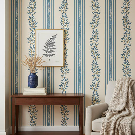 Botanical Stripe Wallpaper Beige | Blue Leaf | Elegant Vertical Stripes | Peel and Stick