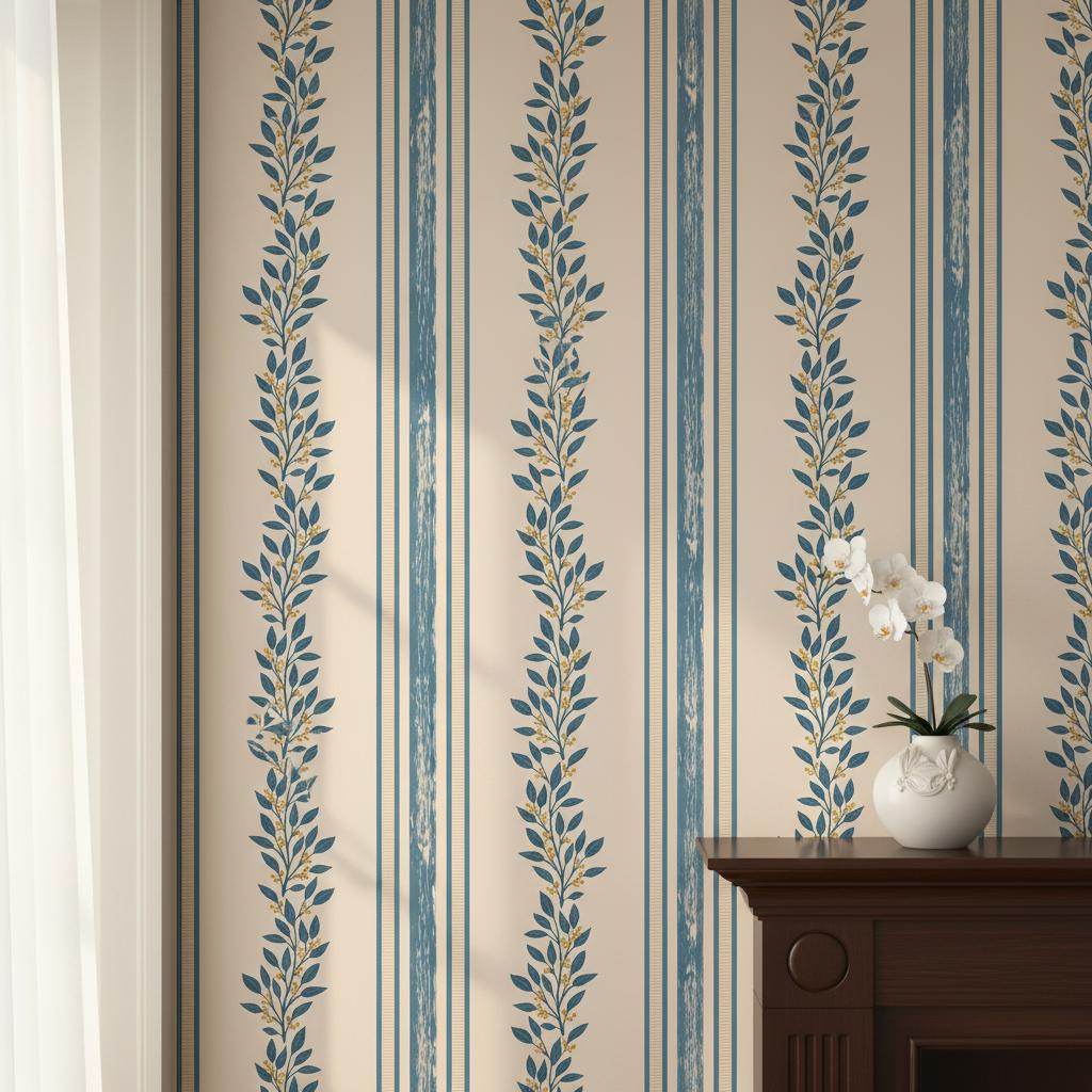 Botanical Stripe Wallpaper Beige | Blue Leaf | Elegant Vertical Stripes | Peel and Stick