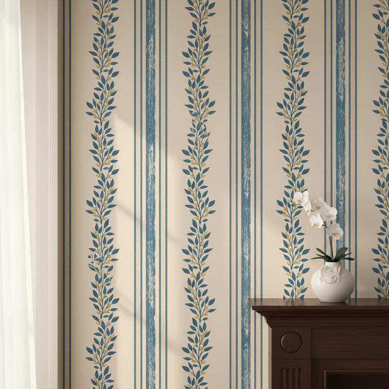 Botanical Stripe Wallpaper Beige | Blue Leaf | Elegant Vertical Stripes | Peel and Stick