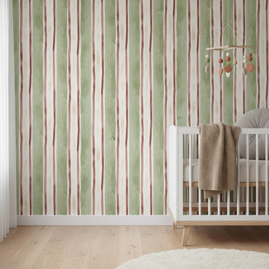Watercolor Stripe Wallpaper| Sage Green  Stripes | Modern | Peel and Stick
