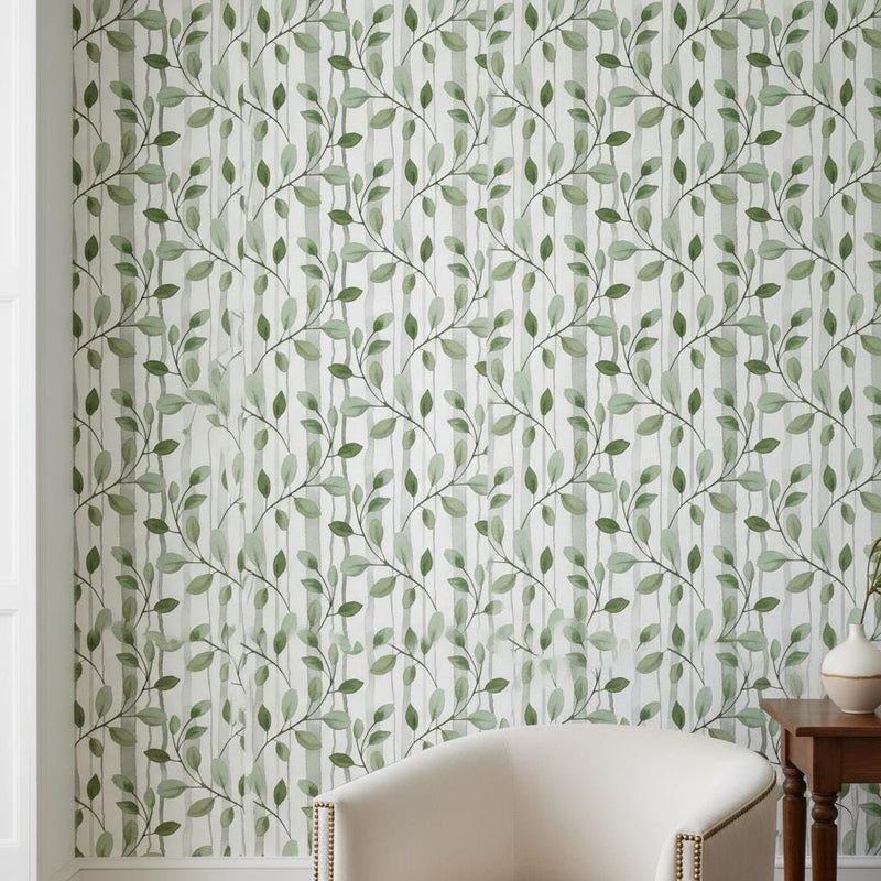 Botanical Branch Wallpaper Nursery | Green Leaf Watercolor Stripes | Peel and Stick