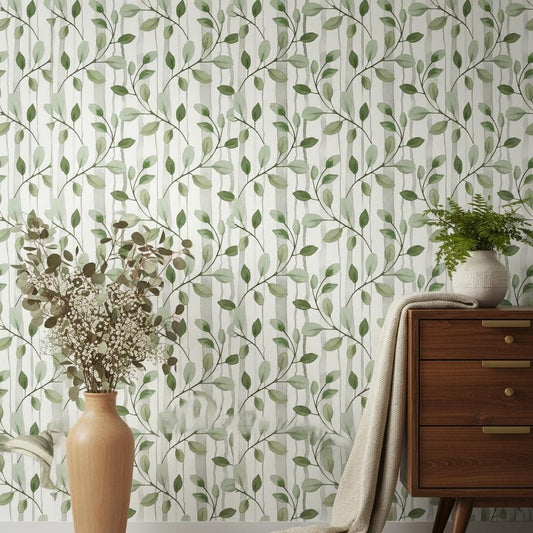 Botanical Branch Wallpaper Nursery | Green Leaf Watercolor Stripes | Peel and Stick