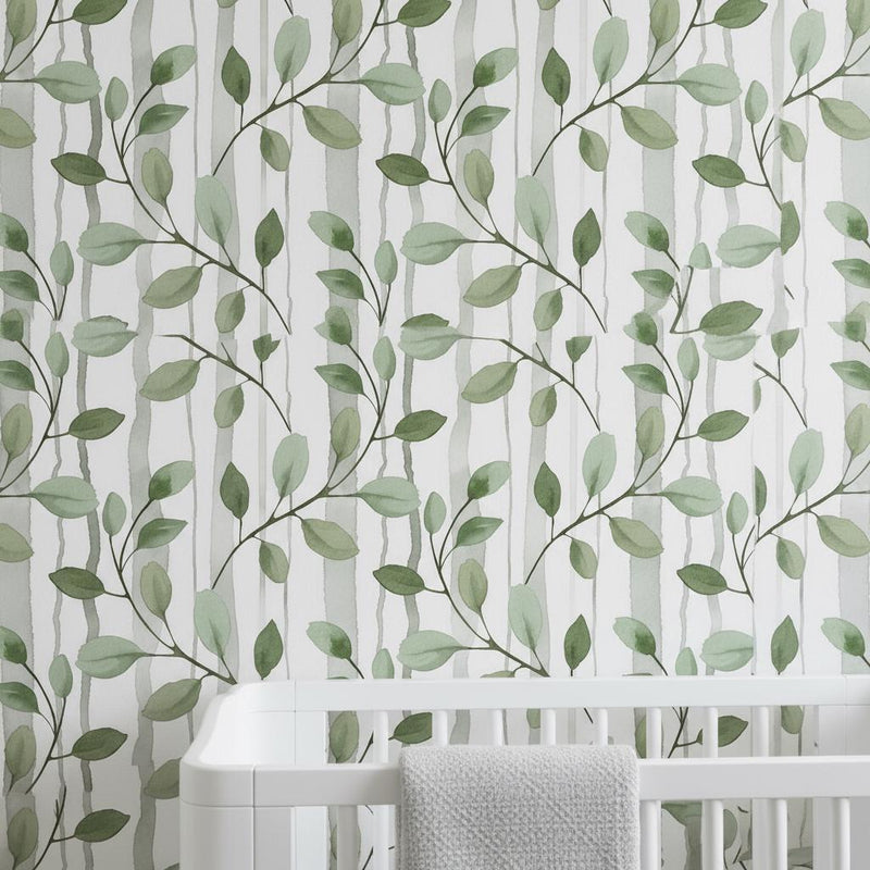 Botanical Branch Wallpaper Nursery | Green Leaf Watercolor Stripes | Peel and Stick
