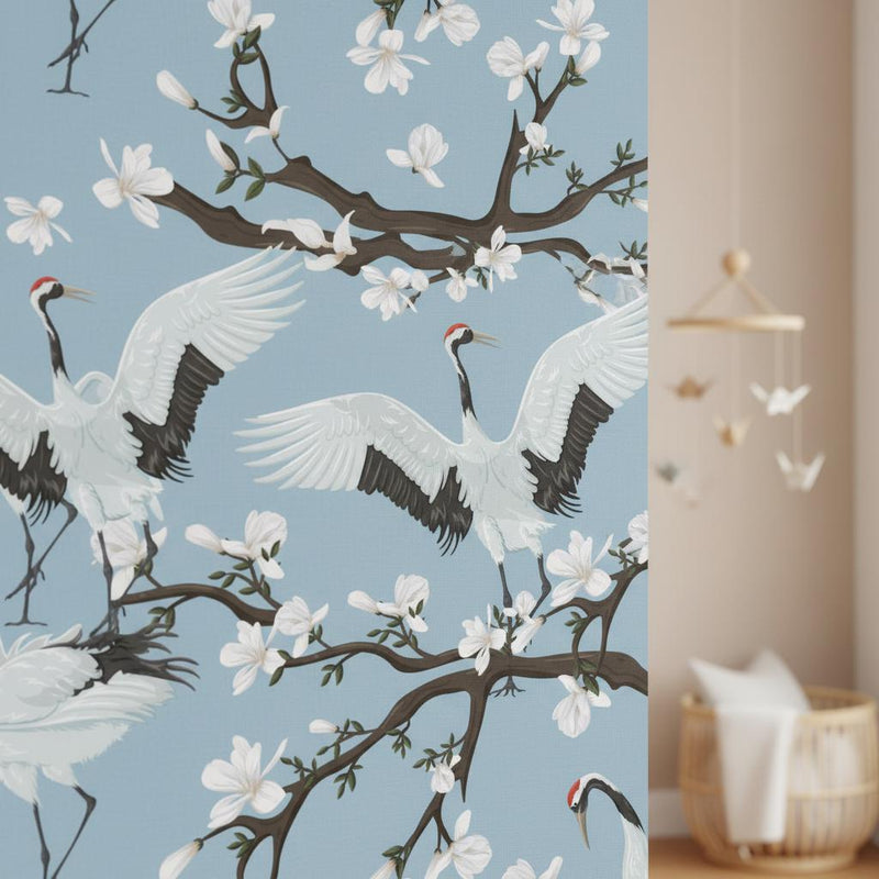 Asian Crane Wallpaper Blue | Japanese Magnolia | Oriental Bird  | Peel and Stick