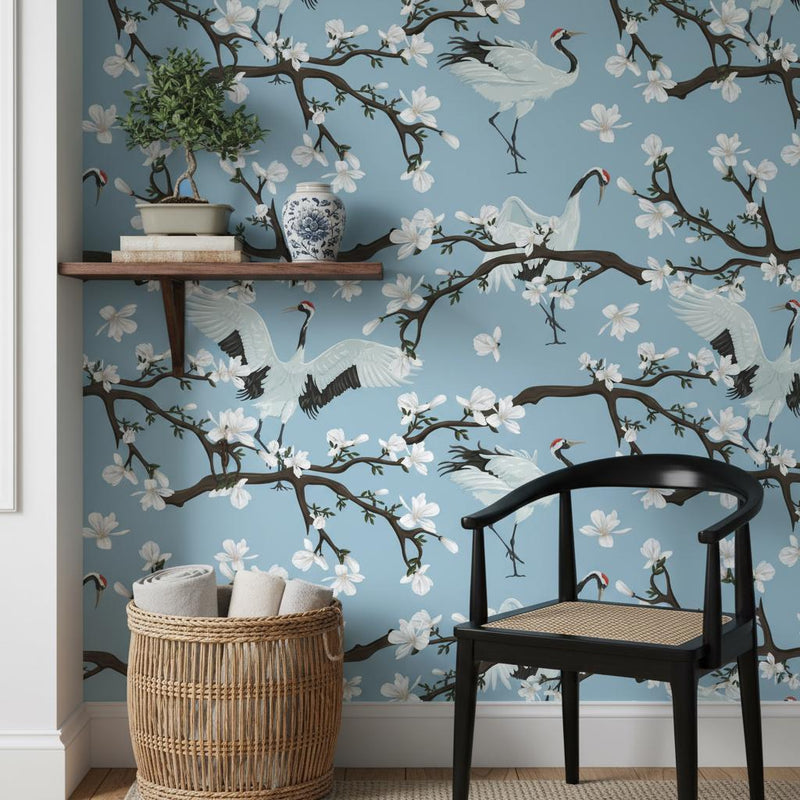 Asian Crane Wallpaper Blue | Japanese Magnolia | Oriental Bird  | Peel and Stick