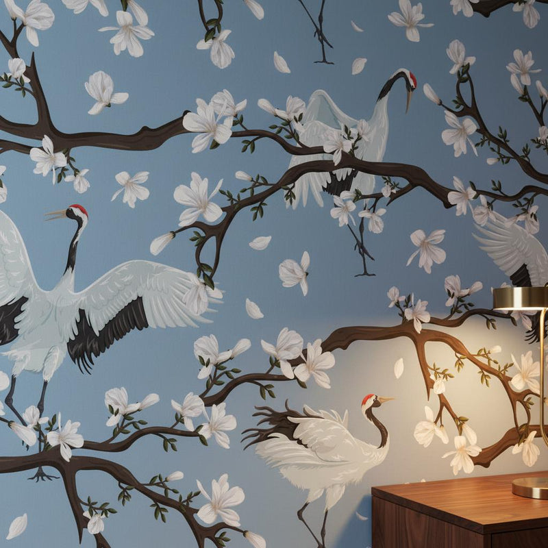 Asian Crane Wallpaper Blue | Japanese Magnolia | Oriental Bird  | Peel and Stick